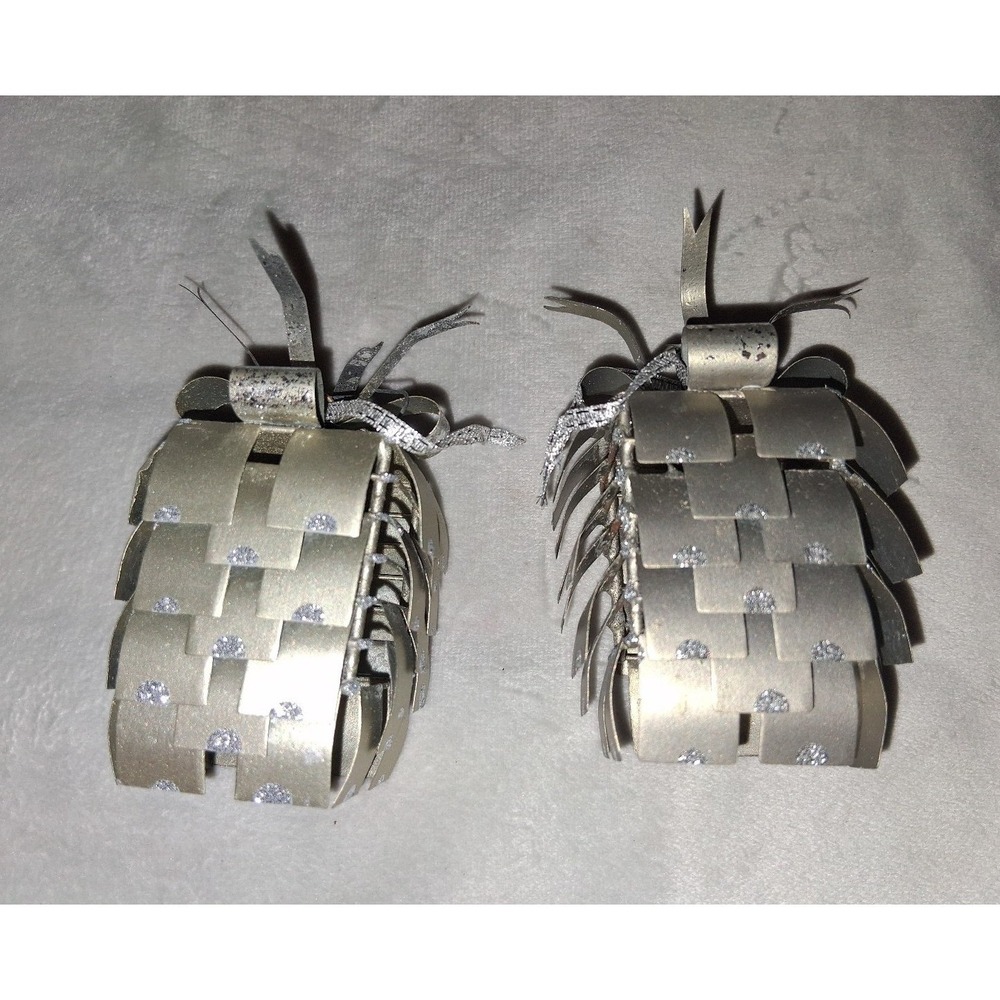 Vintage Silver Metal Pinecone Christmas Ornaments Set of 2 3"